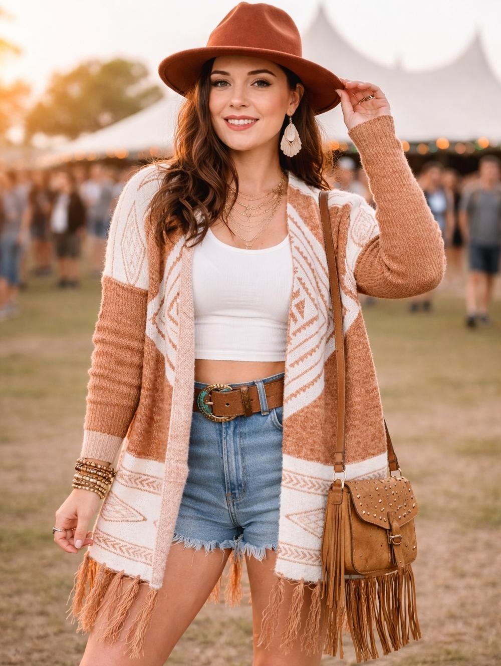 Western Boho Fringe Cardigan Camel Aztec Knit Festival Duster